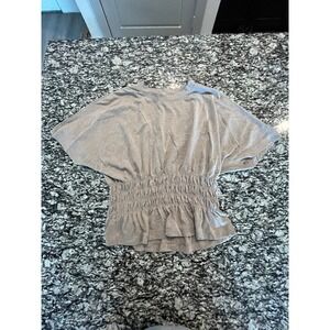 HM Womens Smocked Waist Peplum Top Taupe Heather Dolman Sleeve Blouse Large